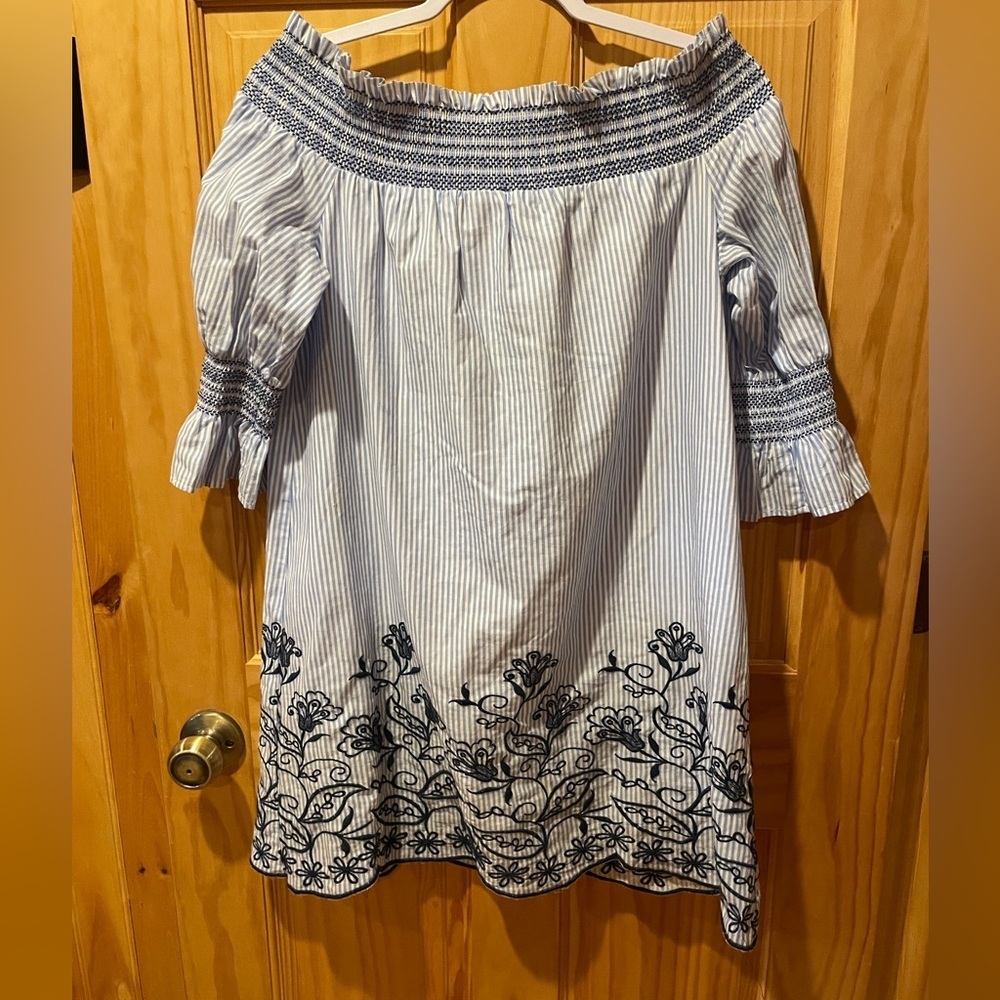 Alter’d State off the shoulder blue stripe embroidered short dress